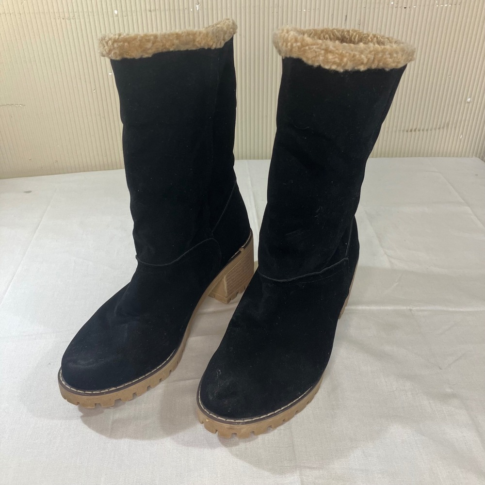 Black Faux Suede Sherpa Lined Mid Calf Lug Sole Block Heel Boots Size 38